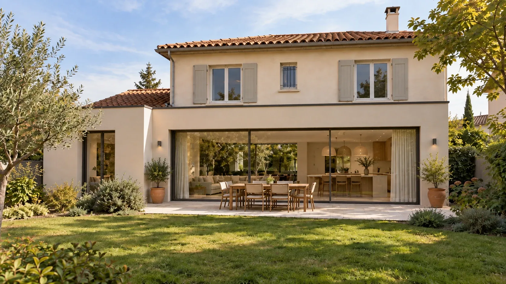 La même maison agrandie d'une extension contemporaine avec grande baie vitrée ouverte sur le jardin, Toulouse