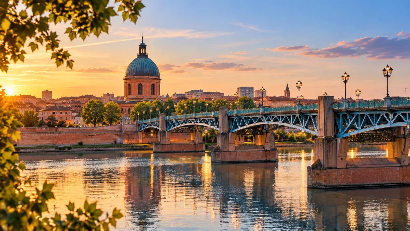 Toulouse au coucher du soleil : la Garonne, le Pont Saint-Pierre et le Dôme de la Grave