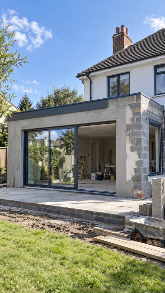 Extension de maison en maçonnerie avec toit plat et baie vitrée, Toulouse
